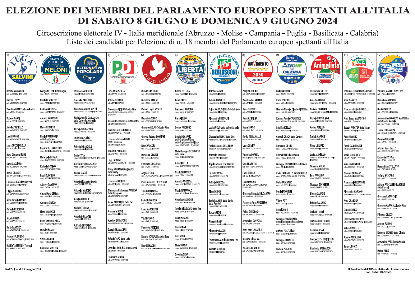Elezione dei Membri del Parlamento Europeo spettanti all'Italia di Sabato 8 Giugno e Domenica 9 Giugno 2024