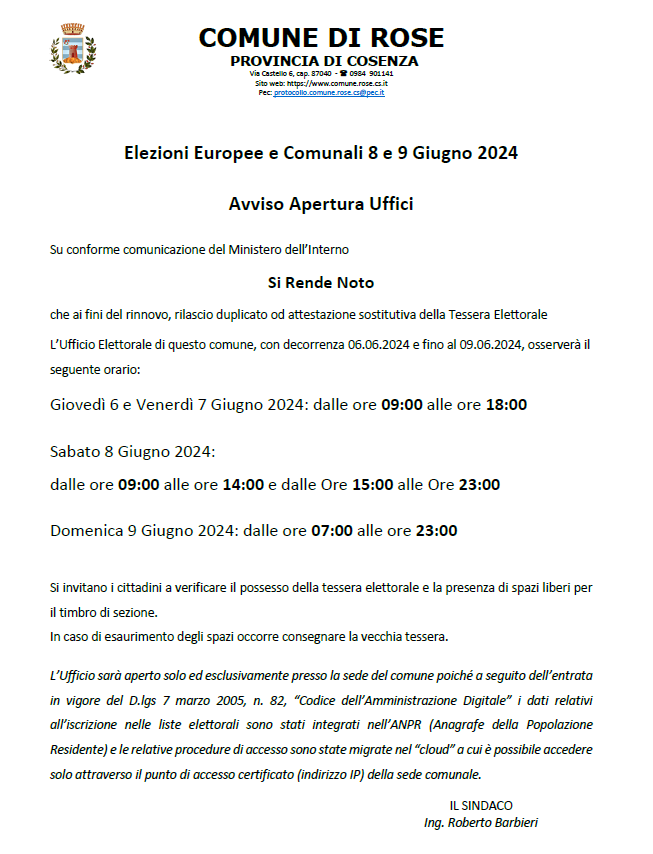 Elezioni Europee e Comunali 8 e 9 Giugno 2024 Avviso Apertura Uffici