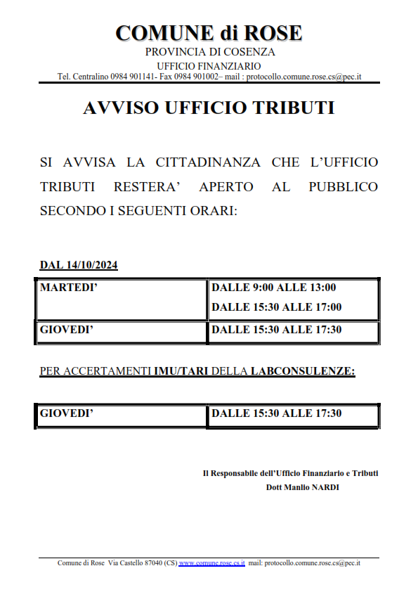 ORARIO DI APERTURA AL PUBBLICO UFFICIO TRIBUTI